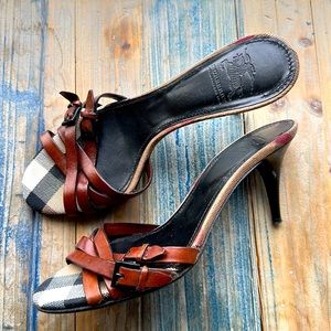 Burberry Brown Leather & Beige Nova Check Open-Toe Heels